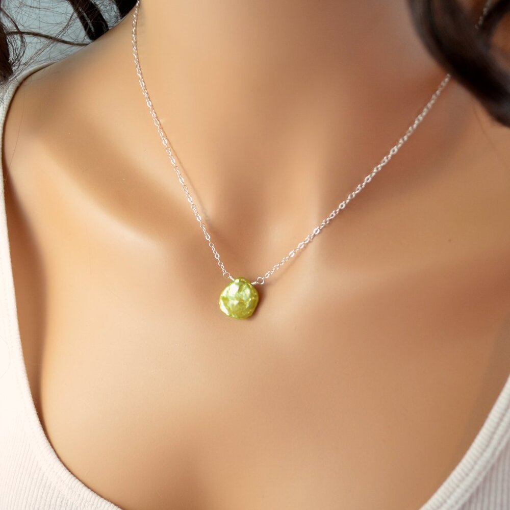 Apple Green Keishi Pearl Necklace in Sterling Silver